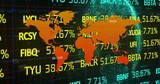 Image of financial data processing and world map over dark background