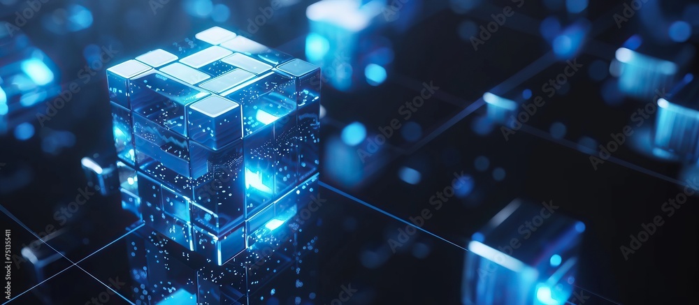 3D background of cubes in glowing blue. 3D background of cubes in glowing blue.