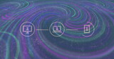Digital image of network of digital icons against digital waves on purple background