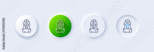 Nurse with medical mask line icon. Neumorphic, Green gradient, 3d pin buttons. Doctor assistant sign. Face protection symbol. Line icons. Neumorphic buttons with outline signs. Vector photo