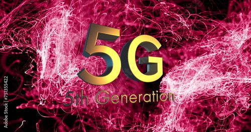 Image of 5g 5th generation text over pink networks of connections