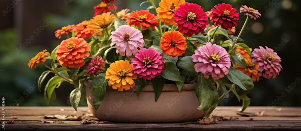 A flower pot filled with a variety of dwarf zinnia flowers in vibrant colors like red, pink, orange, and yellow. The flowers are tightly packed together in the shallow pot, creating a burst of color A flower pot filled with a variety of dwarf zinnia flowers in vibrant colors like red, pink, orange, and yellow. The flowers are tightly packed together in the shallow pot, creating a burst of color