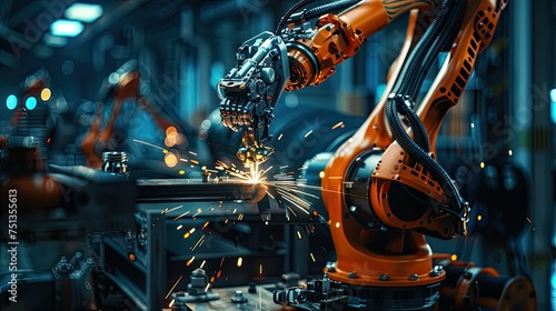 a robotic arm meticulously welds together steel assembly joint connection parts, emitting sparks and intense heat in a manufacturing facility.