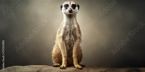 Vigilant meerkat standing up in studio and looking for predators, vigilance and prevention concepts