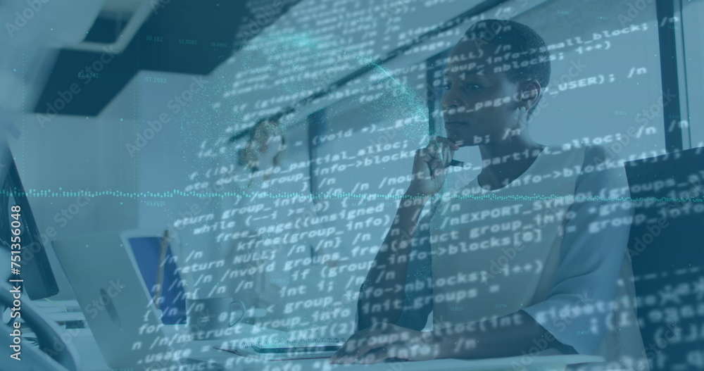 Image of data processing over african american woman in office Image of data processing over african american woman in office