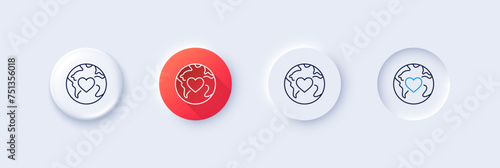 World donation line icon. Neumorphic, Red gradient, 3d pin buttons. Global charity sign. Online donate symbol. Line icons. Neumorphic buttons with outline signs. Vector