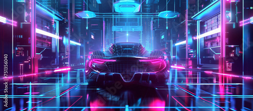 a car in a room with neon lights