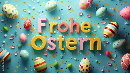 Frohe Ostern als Text mit Dekoration.