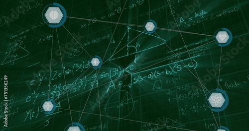 Image of network of connections with icons over mathematical equations on black background