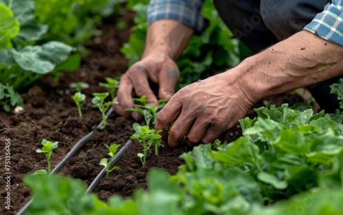 A person laying out hoses and installing a drip irrigation system among rows of plants in a garden bed.