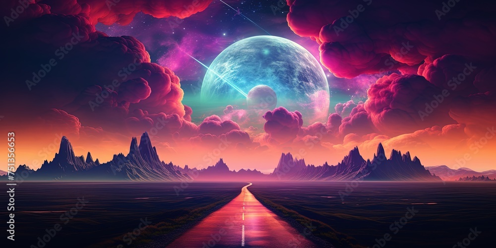 Vibrant digital landscape featuring a neon-lit road under a tremendous full moon and surreal sky - obrazy, fototapety, plakaty 