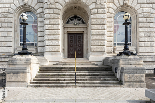 Liverpool  united kingdom January  16  2024 close up views of one of the entrances to the famous Cunard building  liverpool
