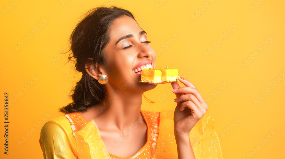 Woman relishing the deliciousness of Mysore Pak Woman relishing the deliciousness of Mysore Pak