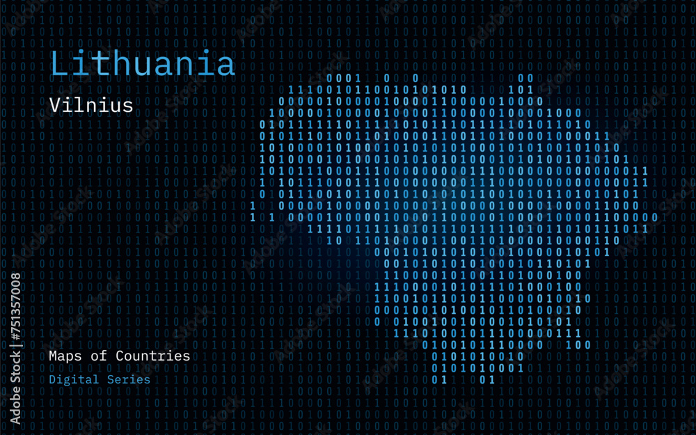 Lithuania Map Shown in Binary Code Pattern. Matrix numbers, zero, one. World Countries Vector Maps. Digital Series