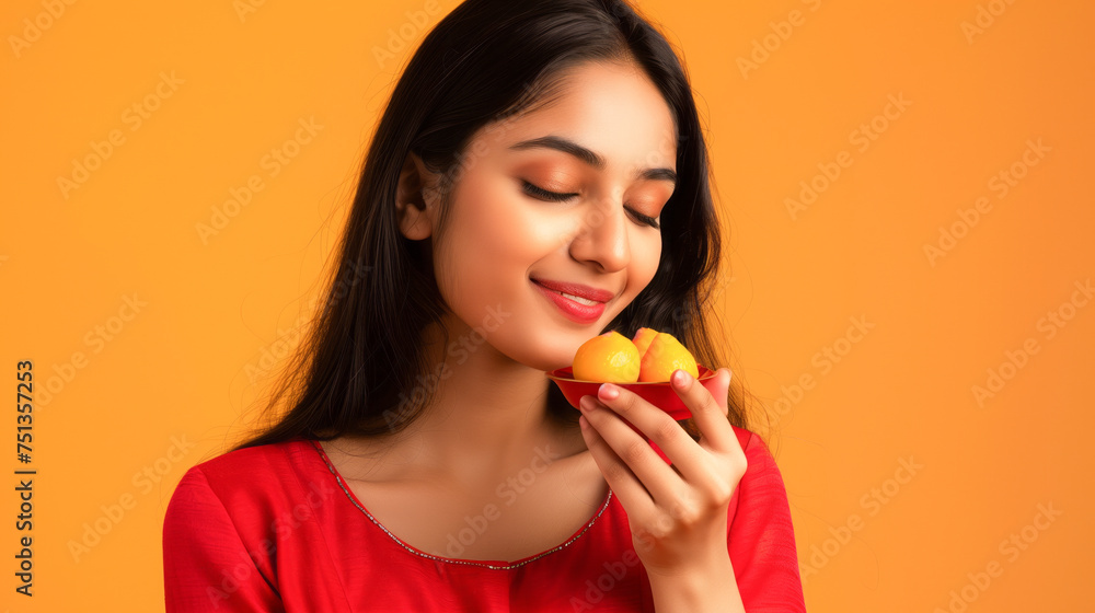 Modern Indian lady relishing the taste of Modak, minimalistic background Modern Indian lady relishing the taste of Modak, minimalistic background