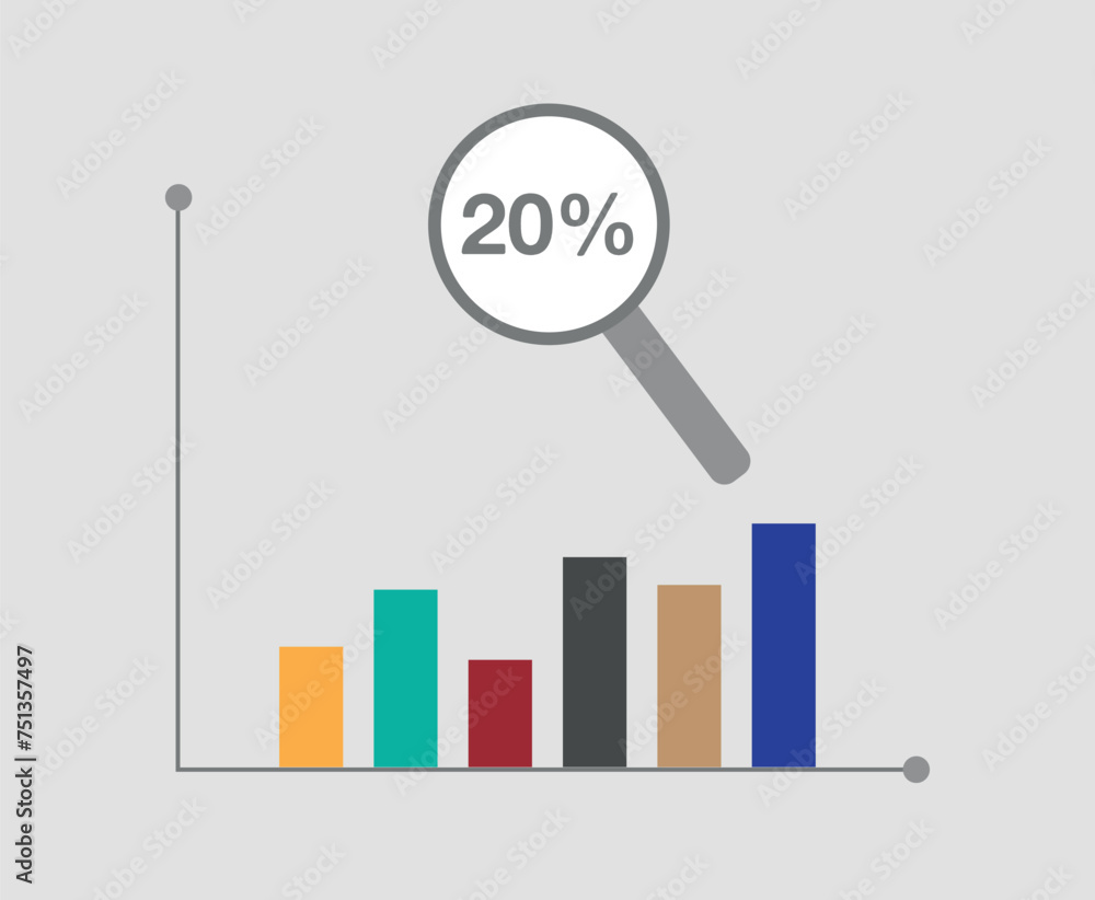 20% profit and capital gain. Financial increase in bar graphs, magnifying glass with profit and money gain 20% profit and capital gain. Financial increase in bar graphs, magnifying glass with profit and money gain