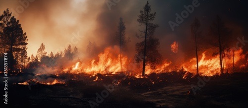 A fire blazes aggressively through a dense forest, engulfing trees in flames and creating a scene of destruction and danger as smoke billows into the sky.