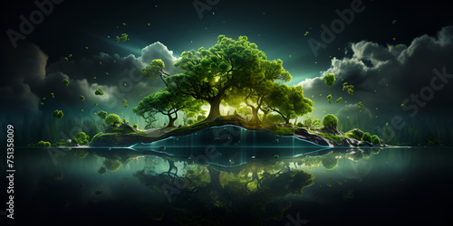 A digital painting island with green leave water closely sky glowing Tree sonars dark background 