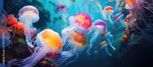 A group of jellyfish gracefully swim through the crystal clear waters of an aquarium, showcasing their mesmerizing movements and unique shapes. © Elture