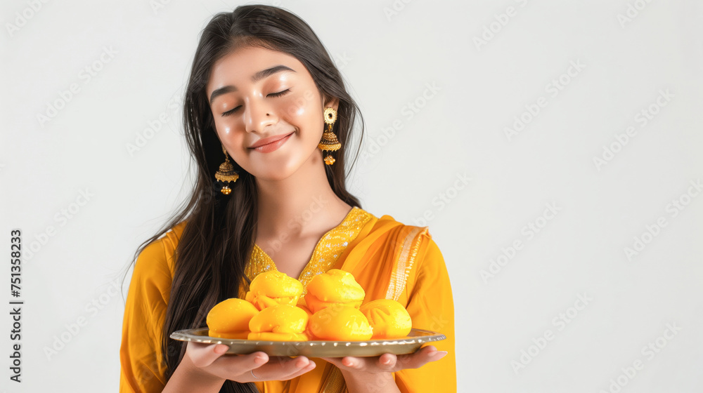 Young modern lady - showcasing Indian sweet dish Young modern lady - showcasing Indian sweet dish