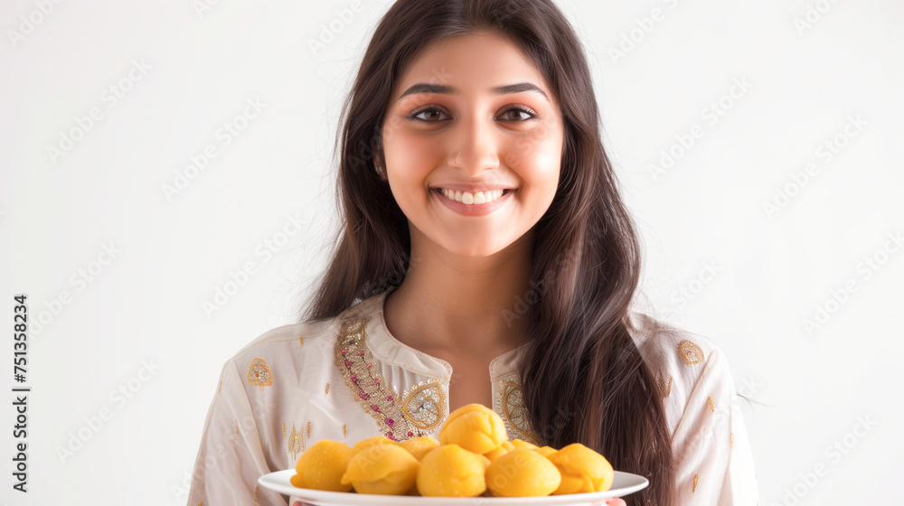 Young modern lady - showcasing Indian sweet dish Young modern lady - showcasing Indian sweet dish