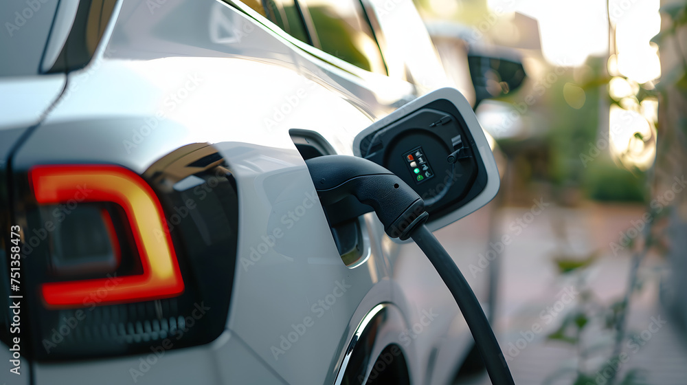 Closeup EV charger plug handle attached to electric vehicle port, recharging battery from charging station. Modern designed EV car and clean energy sustainability for better future concept. Synchronos