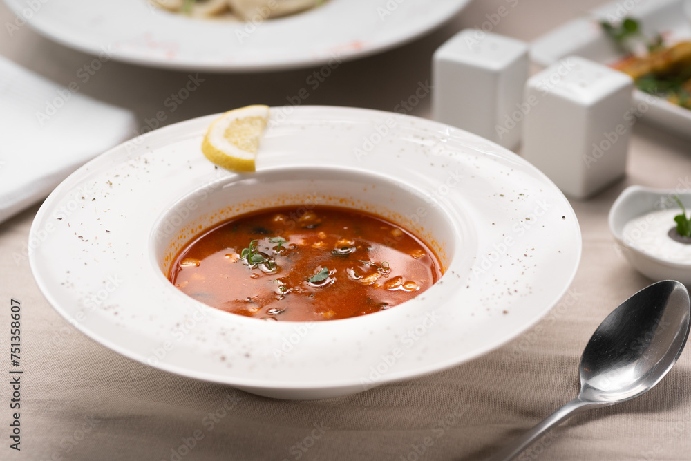 Traditional Ukrainian borscht . Plate of red beetroot soup borscht. Traditional Ukraine food Traditional Ukrainian borscht . Plate of red beetroot soup borscht. Traditional Ukraine food
