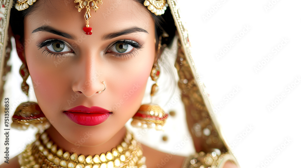 Beautiful indian bride wearing gold jewellery and makeup