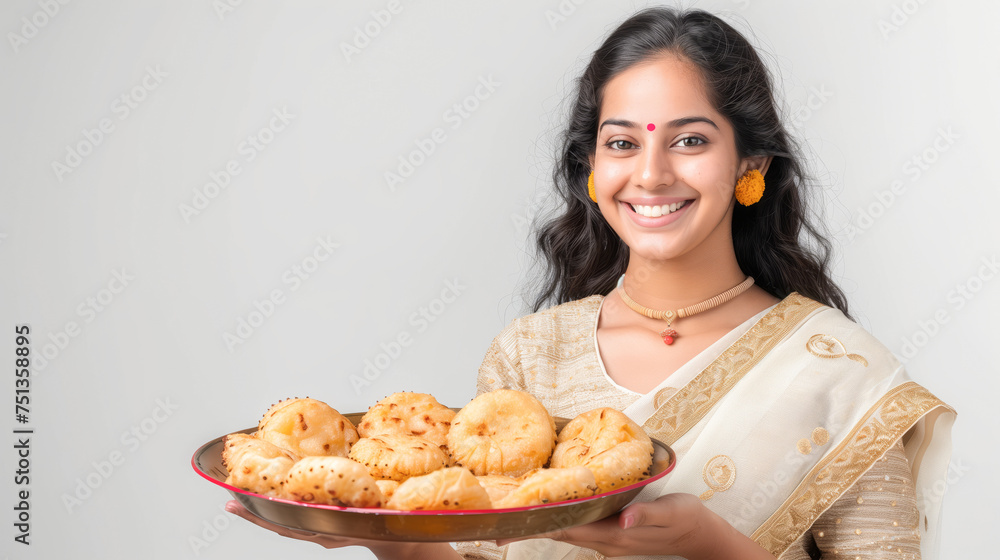 Smiling young woman in traditional attire showcasing a plate with tasty puri Smiling young woman in traditional attire showcasing a plate with tasty puri