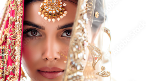 Beautiful indian bride wearing gold jewellery and makeup