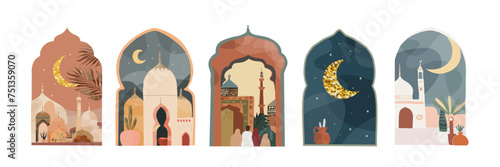 Ramadan Kareem. Eid Mubarak. Vector illustration of Islamic Muslim city, street, mosque, crescent, window, arch for logo, sign or icon. Muted colors © Ardea-studio
