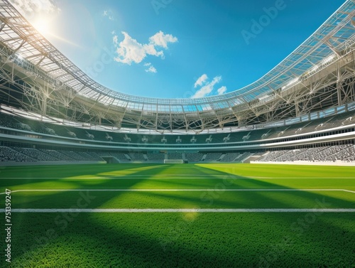 Soccer field in an empty stadium under a blue sky with white clouds