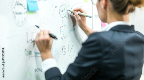Strategic planner sketching a roadmap for business growth on a whiteboard