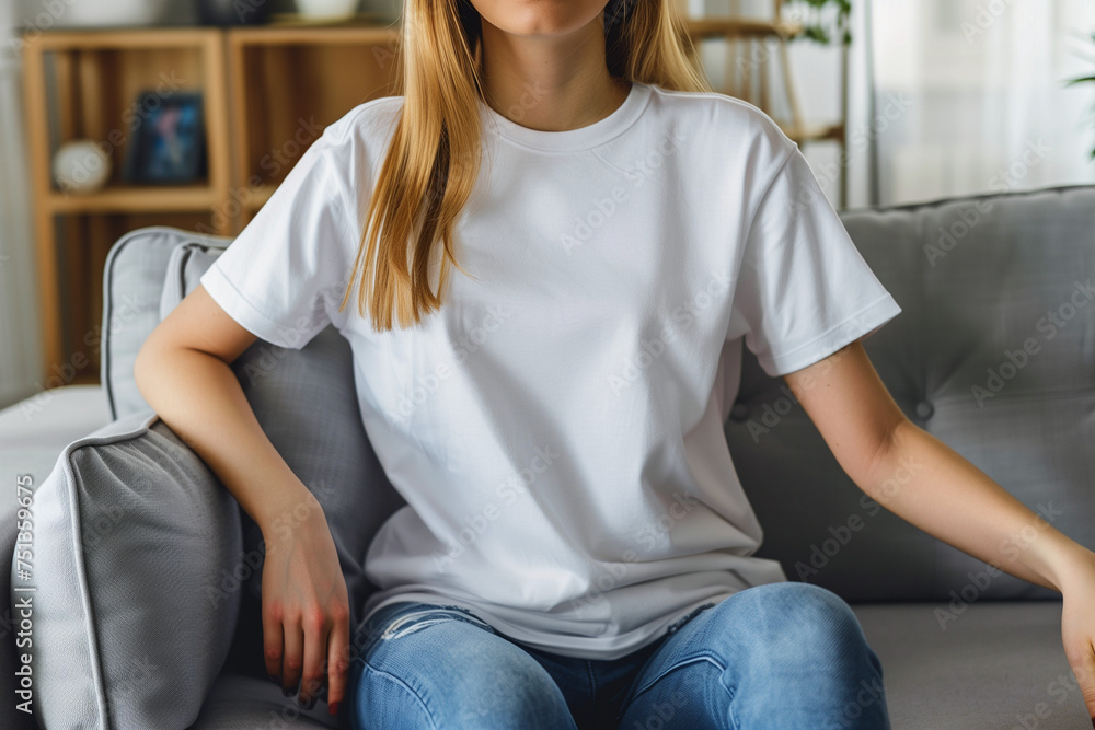Mockup. Young woman wearing blank white tshirt. Young female sitting on sofa in modern living room. Mock up template for sweatshirt design, print area for logo or design