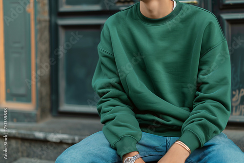 Mockup. Young men wearing blank white crewneck sweatshirt. Youngmen sitting on sofa in street ambient. Mock up template for sweatshirt design, print area for logo or design photo