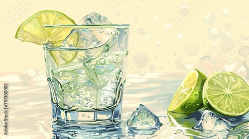 gimlet cocktail, lime wedge, illustrator, 2d vector, chilled glass, light background