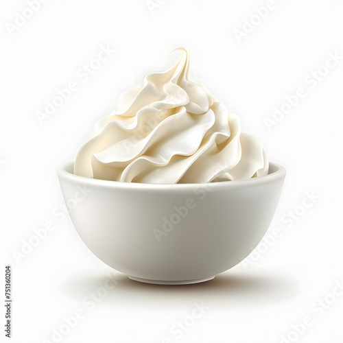 Bowl of whipped cream isolated on white background, realistic, png 