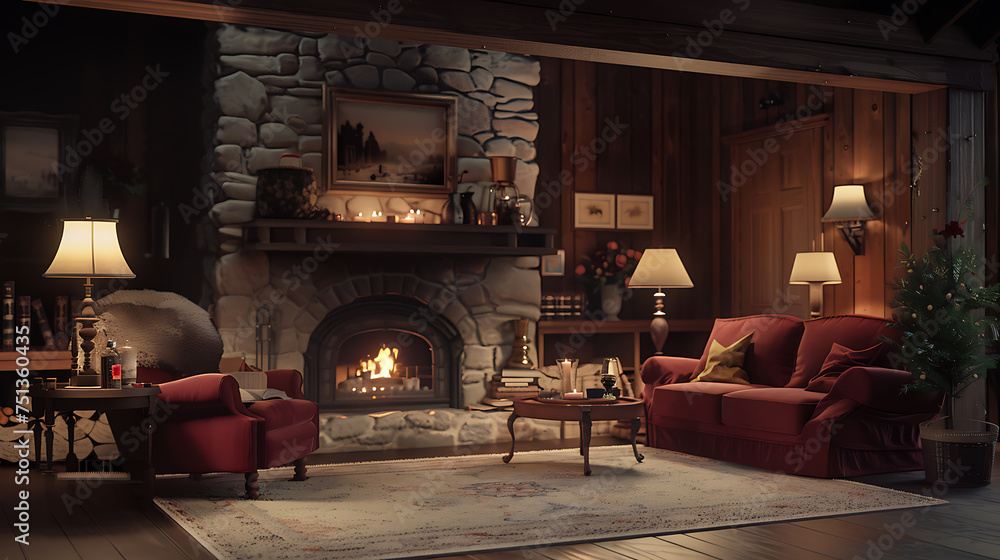 Interior of a cozy living room with fireplace and armchairs.