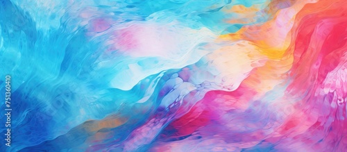 A close-up view of a vibrant and textured painting on a wall. The artwork displays a blend of watercolor and oil paints creating a unique design with detailed brushstrokes.