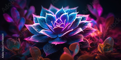 A succulent plant is illuminated with neon light effects, giving the image a captivating, otherworldly aesthetic photo