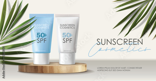 Realistic sunscreen bottle cosmetics set, tropical design, SPF cosmetics vector, packaging mockup, 3d scene background