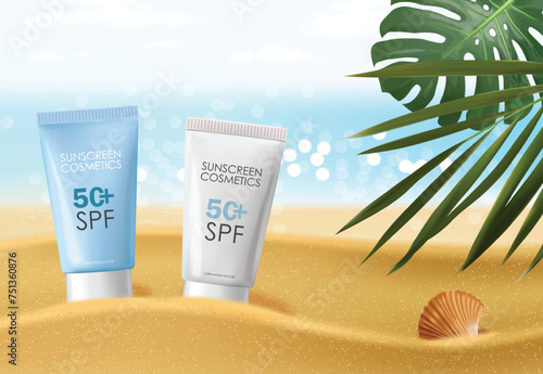 Realistic sunscreen bottle cosmetics set, tropical design, SPF cosmetics vector, packaging mockup, 3d scene background