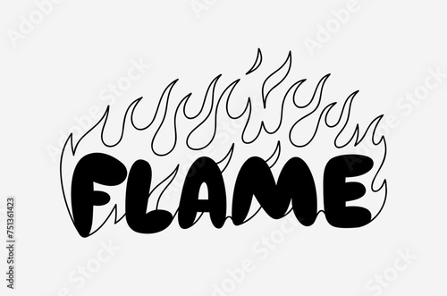 Outline image of the word “FLAME” stylized to look like it’s on fire. Neon sign. Vector image.
