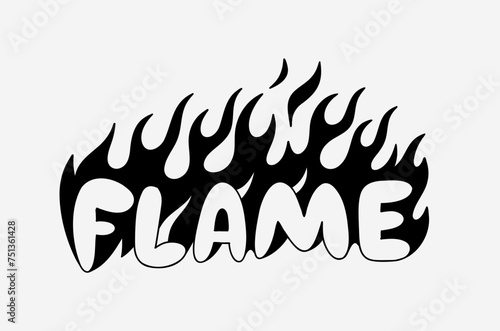 Outline image of the word “FLAME” stylized to look like it’s on fire. Neon sign. Vector image.