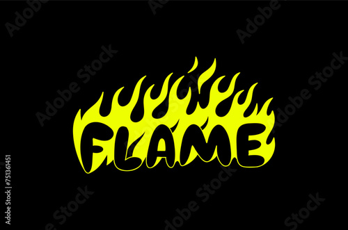 Outline image of the word “FLAME” stylized to look like it’s on fire. Neon sign. Vector image.
