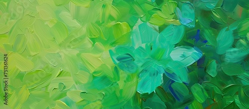 This painting depicts vibrant green leaves contrasted against a bright yellow background. The leaves are detailed with varying shades of green, showcasing a fresh burst of color and life.