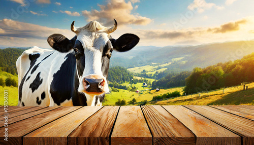 Close-up of an empty wooden table and a white and black dairy cow (heifer) looking at the camera, on a countryside landscape. Template for dairy products. Generative Ai.