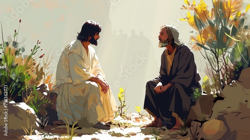Jesus healing a blind man by giving him sight. AI generate illustration photo