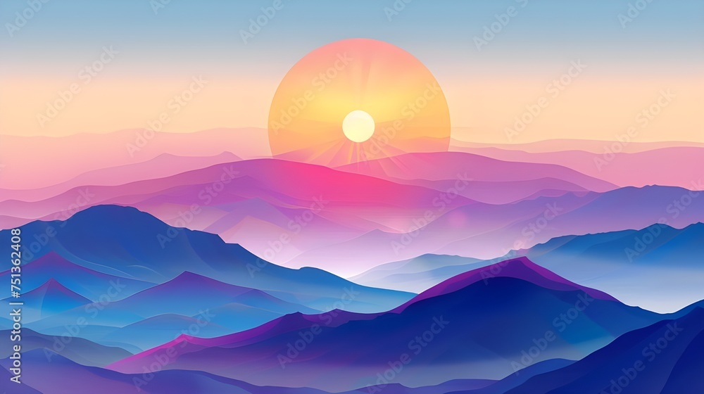 sunrise over Landscape with mountains and the sun