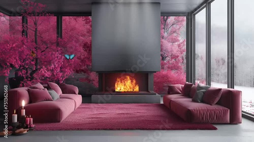 Indoor at home a living room with a fire place and a couch in front of a window..video HD	